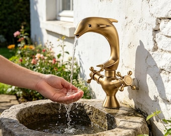 Vintage Delfin Wasserhahn aus massivem Messing, schwarze geölte Oberfläche, Doppelgriff Wasserhahn, schwarzer Delfinform Badezimmerhahn
