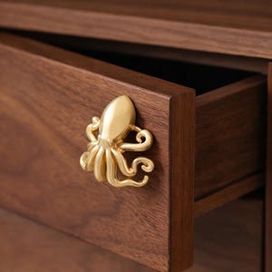 May include: A brass-coloured octopus drawer pull is attached to a dark brown wooden drawer. The drawer is slightly open, showing the inside. The octopus pull features detailed tentacles and a smooth finish, adding a unique nautical touch to the furniture.