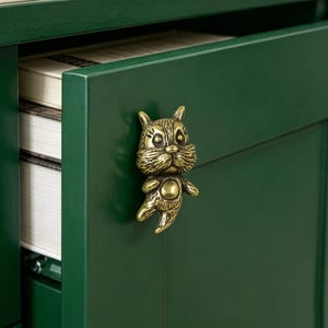 May include: A brass-toned metal cabinet knob shaped like a stylized cat with etched facial features, pointed ears, and a rounded belly. The knob is mounted on a dark green wooden cabinet door, which is slightly ajar, revealing books inside.