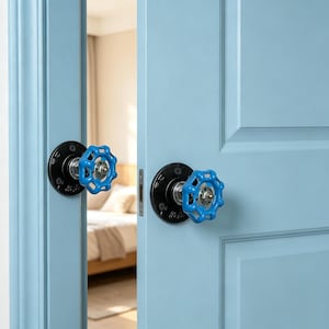 May include: A light blue door featuring two industrial-style door handles. Each handle consists of a round black metal mounting plate attached to the door and a bright blue, multi-spoked circular valve wheel used as the gripping mechanism.