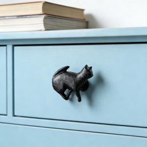 Puede incluir: Un tirador de cajón negro con forma de gato está montado en un cajón azul claro. El gato está en una pose de caminar con la cola levantada. Dos libros están apilados encima del cajón. El cajón es parte de un mueble.