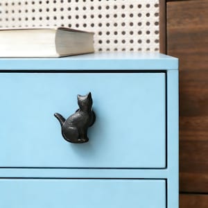 May include: A light blue dresser with a black cat-shaped drawer pull. The cat is sitting with its tail curled. A book rests on top of the dresser. The background features a white and black dotted pattern.