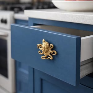 May include: A blue kitchen cabinet drawer with a gold octopus-shaped handle. The drawer is partially open, revealing a white interior. The cabinet is part of a kitchen setup with a white countertop and a stove in the background.