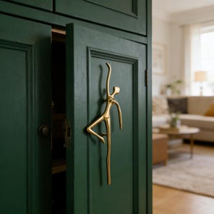 Puede incluir: Un tirador de armario dorado con forma de bailarina está montado en una puerta de armario verde oscuro. La puerta está entreabierta, revelando el interior del armario. El fondo muestra un salón con un sofá y una ventana.