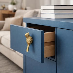 May include: A blue cabinet with an open drawer featuring a gold bird-shaped handle. The drawer is made of light-colored wood. Three books are stacked on top of the cabinet. The cabinet is in front of a beige sofa.