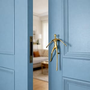 May include: A gold-colored door handle in the shape of a stylized human figure is mounted on a light blue door. The handle's design features outstretched arms and a long leg, adding a unique artistic touch to the door's aesthetic. The door is part of a set.