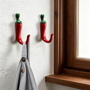 Puede incluir: Dos ganchos de pared rojos con forma de chile y tallos verdes están montados en una pared blanca texturizada. Un delantal gris cuelga de un gancho. Los ganchos están cerca de un marco de ventana de madera.