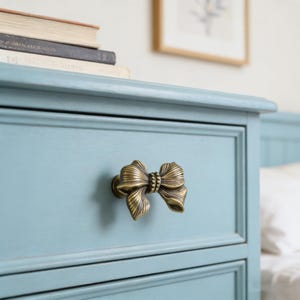 Könnte beinhalten: Hellblaue Kommodenschublade mit einem dekorativen, schleifenförmigen Messinggriff. Die Schublade ist Teil eines größeren Möbelstücks, auf dem Bücher zu sehen sind. Der Schleifengriff verleiht dem Möbelstück eine elegante Note.