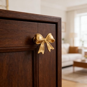 Op de afbeelding: Een goudkleurige strikvormige kastknop is bevestigd aan een donkerbruine houten kastdeur. De strik heeft gedetailleerde texturen en een decoratief ontwerp. De knop voegt een vleugje elegantie toe aan de kast. De achtergrond is wazig.