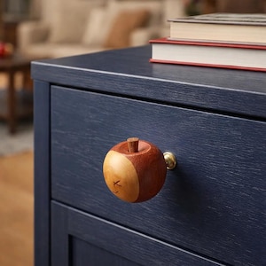 Op de afbeelding: Een marineblauwe houten nachtkast met een appelvormige knop. De knop is gemaakt van licht en donker hout, met een kleine messing knop. Twee boeken met rode ruggen liggen bovenop.