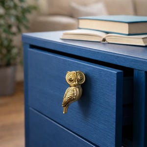 以下が含まれることがあります： ネイビーブルーのナイトスタンドのクローズアップ。引き出しは開いており、引き出しの取っ手は金色のフクロウです。2冊の本がナイトスタンドの上にあります。ナイトスタンドは木製です。