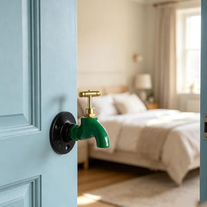 May include: A green faucet-style door handle mounted on a light blue door. The handle features a black circular base plate with visible screw holes and a brass-colored T-shaped handle top, providing a functional and distinct hardware element.