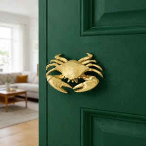 Op de afbeelding: Een goudkleurige krabvormige deurklopper gemonteerd op een donkergroene deur. De klopper is een gedetailleerde, driedimensionale sculptuur van een krab met uitgestrekte klauwen. De deur is geschilderd in een diepe, rijke groene kleur.