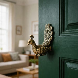 Könnte beinhalten: Ein Türklopfer in Form eines Pfaus aus Messing, montiert an einer dunkelgrünen Tür. Der Klopfer ist mit Federn und einem königlichen Kopf detailliert, was dem Eingang eine dekorative Note verleiht. Der Hintergrund zeigt ein Wohnzimmer.