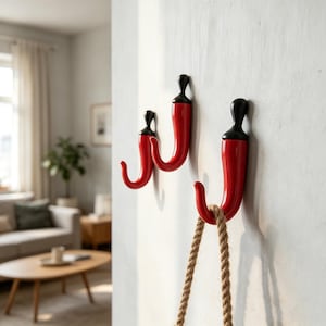 May include: Three red chili pepper-shaped wall hooks with black stems are mounted on a white wall. A natural rope is hanging from the bottom hook. The hooks are a decorative and functional home decor item.