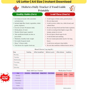 Diabetes Daily Tracker, Food Guide Printable, Blood Sugar Log, Daily Habit Tracker, Prediabetes Meal Planner, Insulin and Medication Tracker