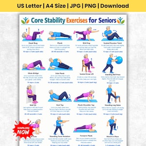 Può includere: Un poster digitale intitolato Core Stability Exercises for Seniors che mostra dodici figure illustrate che eseguono vari esercizi di fitness su tappetini blu o sedie, con istruzioni e conteggio delle ripetizioni.