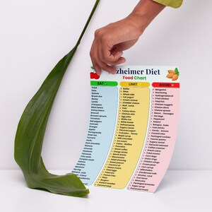 Op de afbeelding: Een kleurrijke voedselgrafiek getiteld "Alzheimer Diet Food Chart" geeft een overzicht van voedingsmiddelen die je moet eten, beperken en vermijden. De grafiek wordt door een hand vastgehouden, met een groot groen blad op de voorgrond. De grafiek is gedrukt op een witte achtergrond.