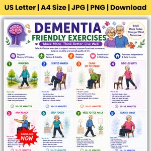 Übungsplan für Demenzpatienten, Alzheimer-Trainingsplan zum Ausdrucken, Übungen im Sitzen für Senioren, Poster für Gleichgewichtstraining im Alter, Poster für Gleichgewichtsfitness, Rehabilitationsleitfaden