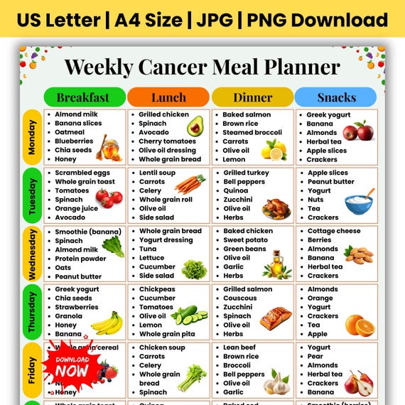 Cancer Meal Planner Printable | Oncology Diet Plan | Cancer Food Chart | Anti-Cancer Food List | Chemotherapy Food | Weekly Meal Planner PDF