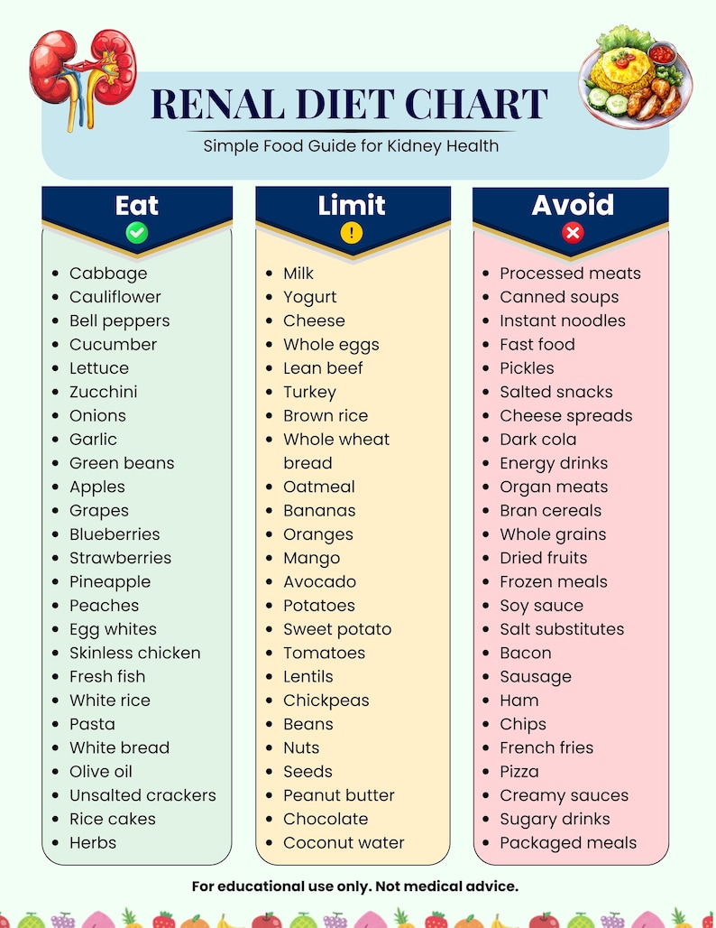 Kidney Diet Chart | Renal Diet Food List| Eat Limit Avoid | Low ...