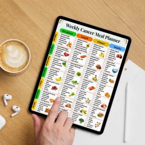 May include: A digital tablet displaying a Weekly Cancer Meal Planner chart with columns for breakfast, lunch, dinner, and snacks. The grid organizes daily food items from Monday to Sunday with colorful headers and small icons for various food groups.