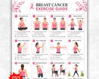 Può includere: Una guida digitale agli esercizi per il cancro al seno con dodici illustrazioni numerate di movimenti fisici. Il documento include accenti floreali rosa, un'icona a nastro rosa e testo didattico per ogni esercizio, inclusi respirazione profonda e rotazioni.