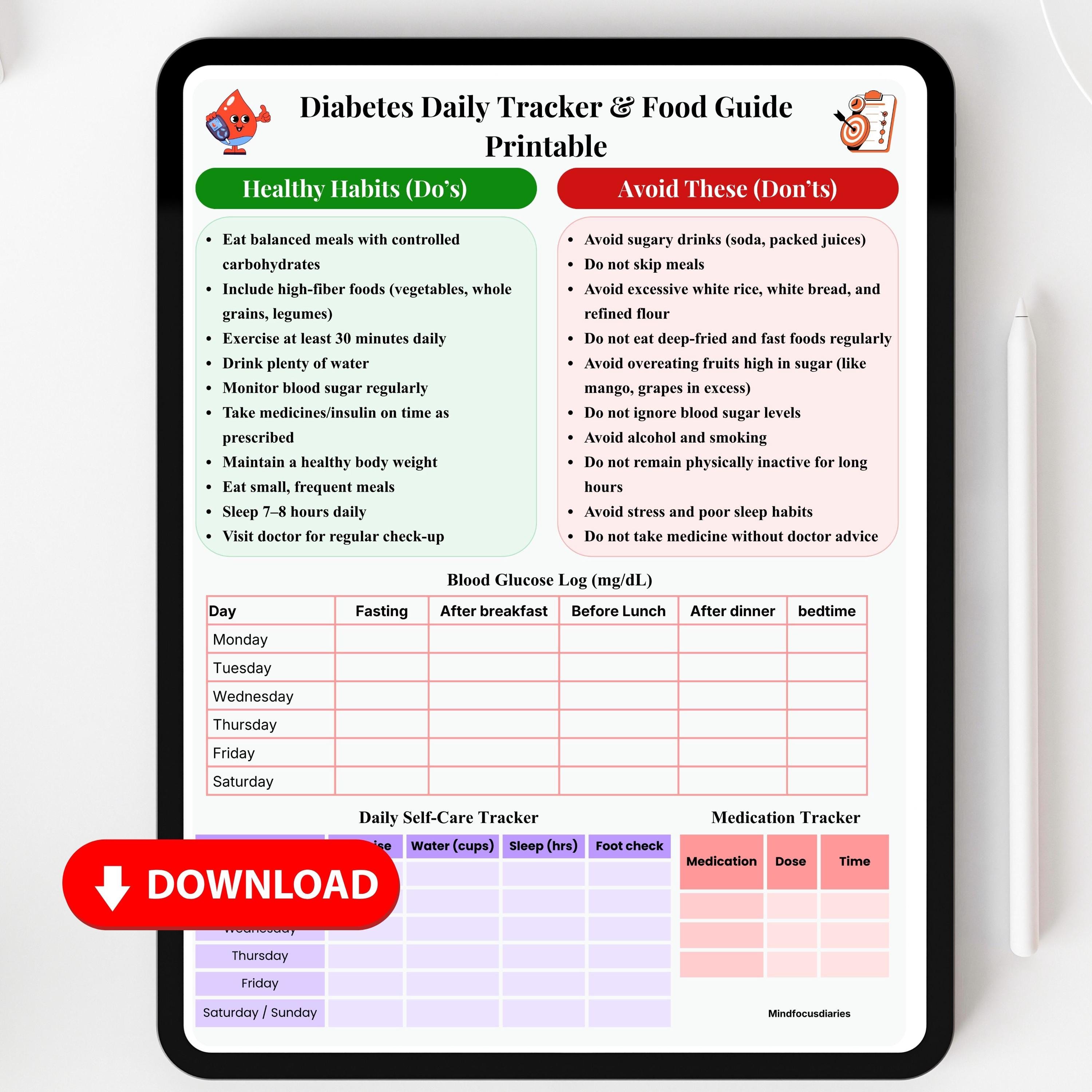 Diabetes Daily Tracker, Food Guide Printable, Blood Sugar Log, Daily ...