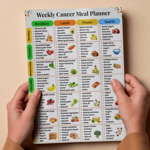May include: A Weekly Cancer Meal Planner chart printed on white paper with a grid layout. The document features columns for Breakfast, Lunch, Dinner, and Snacks, with rows for each day of the week. It includes text lists of food items and small colorful illustrations of various fruits, vegetables, and meals.
