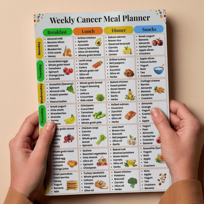 May include: A Weekly Cancer Meal Planner chart printed on white paper with a grid layout. The document features columns for Breakfast, Lunch, Dinner, and Snacks, with rows for each day of the week. It includes text lists of food items and small colorful illustrations of various fruits, vegetables, and meals.