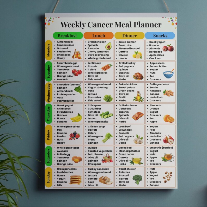 May include: A rectangular wall chart titled Weekly Cancer Meal Planner with a grid layout. It lists daily meal options for breakfast, lunch, dinner, and snacks, featuring text descriptions and small illustrations of various food items for each day.