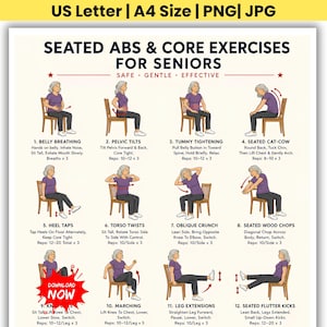 Peut inclure: Une affiche pédagogique intitulée SEATED ABS & CORE EXERCISES FOR SENIORS présentant douze illustrations numérotées d'une personne en t-shirt violet effectuant des exercices assis sur une chaise en bois, avec des instructions textuelles.