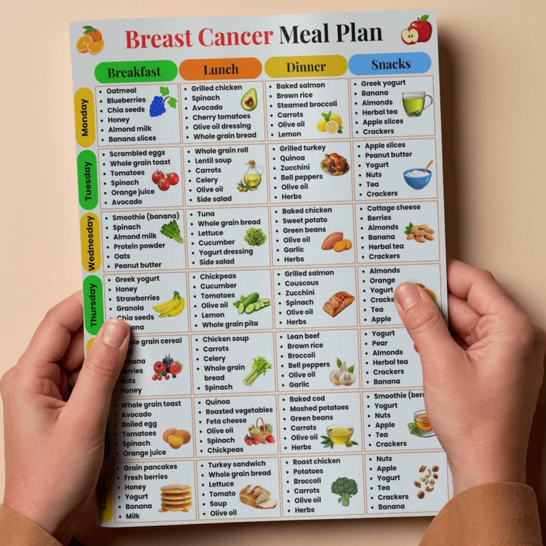 Pu&ograve; includere: Un piano alimentare colorato intitolato "Breast Cancer Meal Plan" con suggerimenti giornalieri per colazione, pranzo, cena e spuntini. Il piano include vari alimenti come farina d'avena, pollo, salmone e frutta, progettato per una dieta sana.