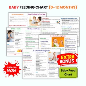 May include: A multi-page baby feeding chart for 0-12 months featuring sections on solid foods, choking prevention, and feeding guides. The document includes text, nutritional advice, and photos of infants, with red and green bonus labels.
