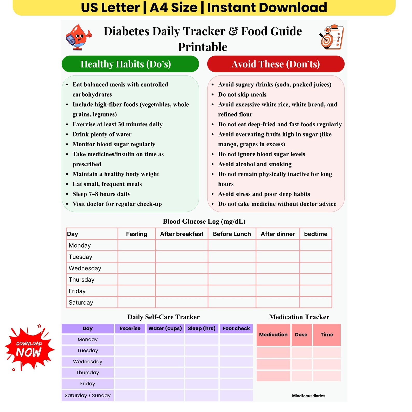 Diabetes Daily Tracker, Food Guide Printable, Blood Sugar Log, Daily ...