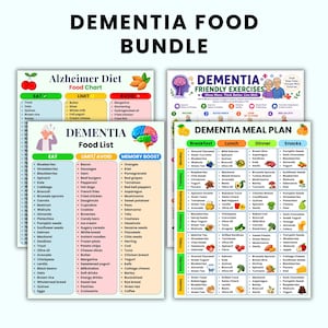 May include: A Dementia Food Bundle featuring four informational charts: Alzheimer Diet Food Chart, Dementia Food List, Dementia Friendly Exercises, and Dementia Meal Plan. These documents include categorized food lists, daily exercise routines, and weekly meal schedules.