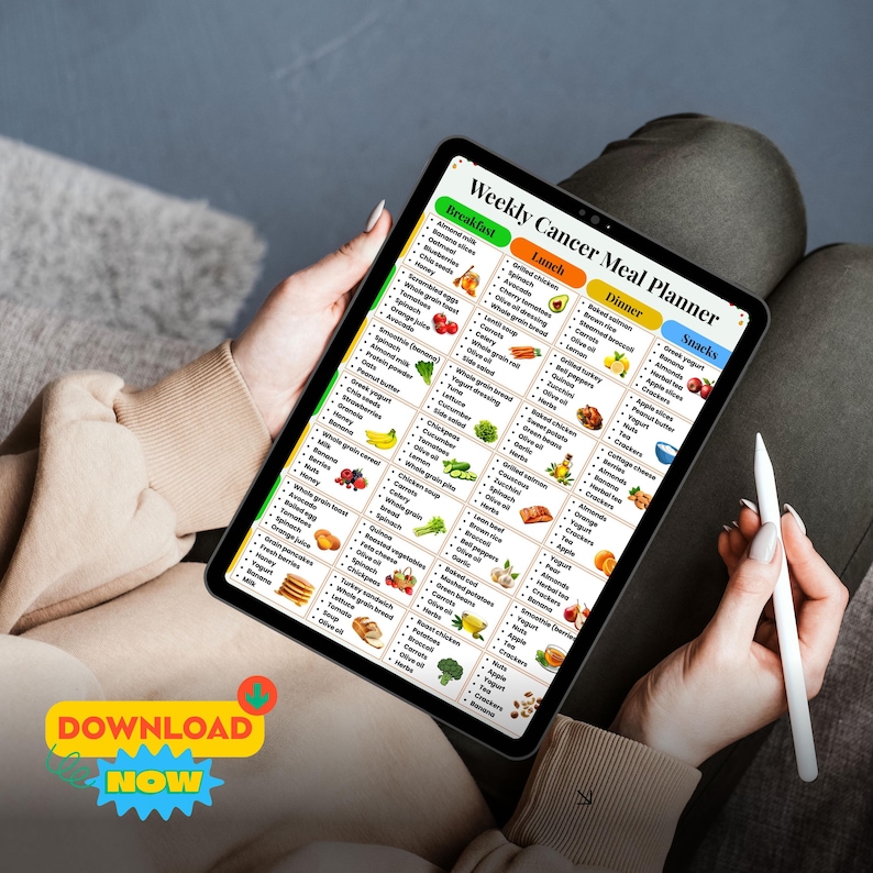 May include: A digital tablet displaying a Weekly Cancer Meal Planner chart with columns for breakfast, lunch, dinner, and snacks, featuring lists of food items and small illustrations. A white stylus is held nearby, and a Download Now button is visible.