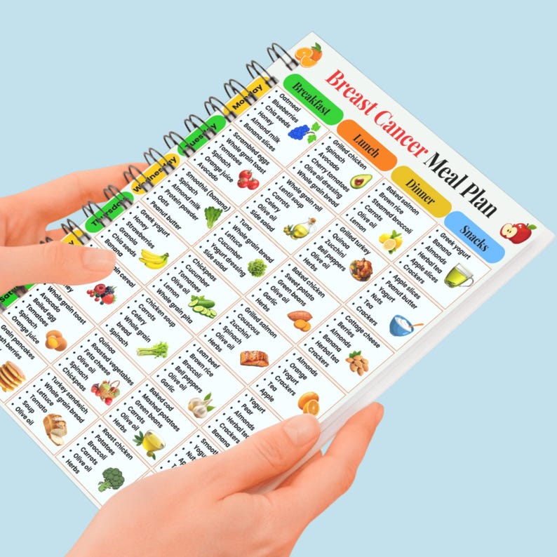 Pu&ograve; includere: Una persona tiene in mano un piano alimentare rilegato a spirale intitolato "Breast Cancer Meal Plan". Il piano &egrave; diviso in sezioni di colazione, pranzo, cena e spuntini, con varie opzioni alimentari elencate per ogni pasto. Il piano include intestazioni colorate e uno sfondo azzurro.