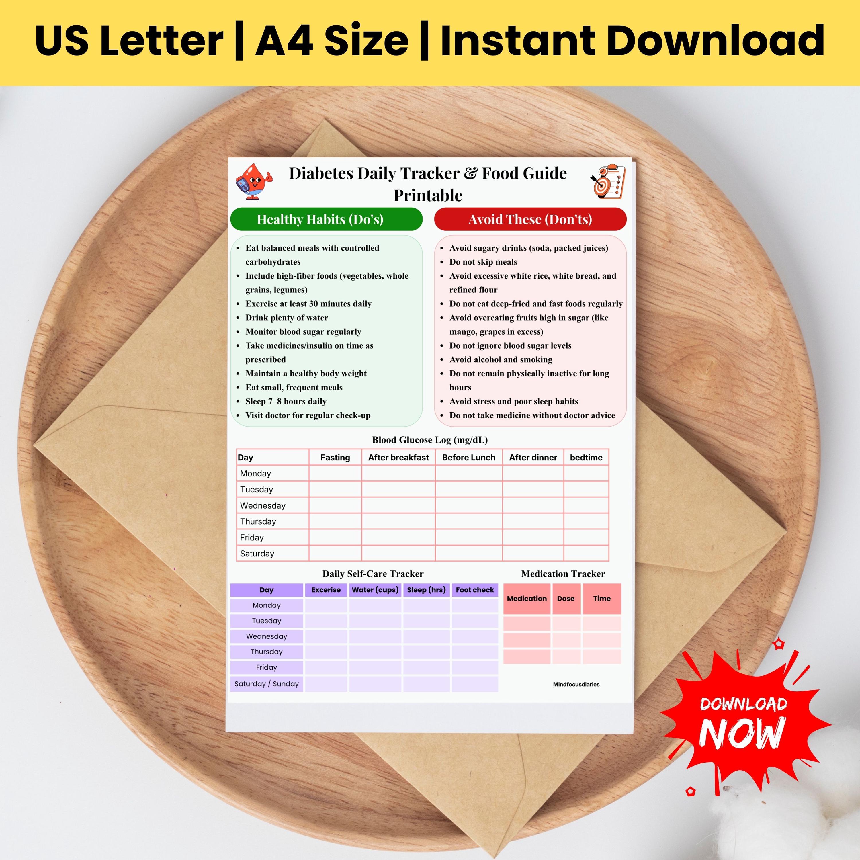 Diabetes Daily Tracker, Food Guide Printable, Blood Sugar Log, Daily ...