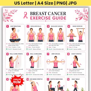 May include: A Breast Cancer Exercise Guide poster featuring twelve numbered illustrations of a person in a pink tank top performing various physical movements. The document includes instructional text for each exercise, pink floral accents, and a red starburst graphic with the text Download Now.