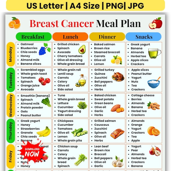 Breast Cancer Meal Plan Printable, Cancer food chart, Chemotherapy Nutrition, Oncology Guide PDF, Weekly Meal Planner, Kitchen food charts