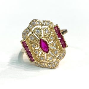 Art déco - Bague en pierre rouge dorée - Acier inoxydable - vintage