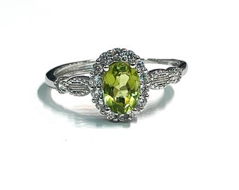 Vintage Art Deco Sterling Silber - Grüner Peridot Halo Ring - Verstellbares Band