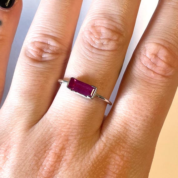 Stackable - sterling silver ring with pink baguet… - image 2