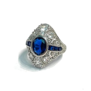 Anillo Art Déco de Cristal Azul - Acero Inoxidable Vintage, Talla 7