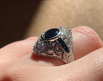 Art Deco Statement-Ring Blaue Kristall - Vintage Edelstahl, Size 7