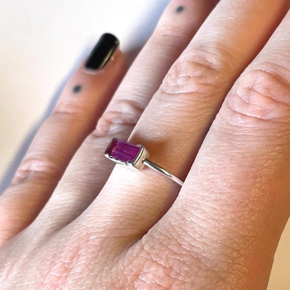 Stackable - sterling silver ring with pink baguet… - image 3