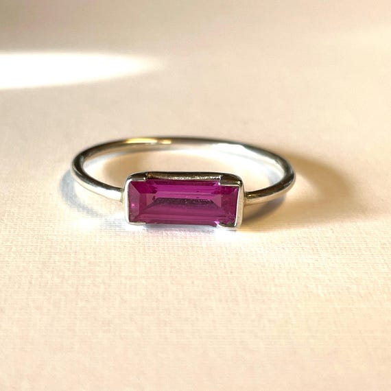 Stackable - sterling silver ring with pink baguet… - image 1