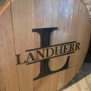May include: A round wooden sign with a large, dark brown letter "L" in the center. The name "LANDHERR" is written in a smaller font above the letter.