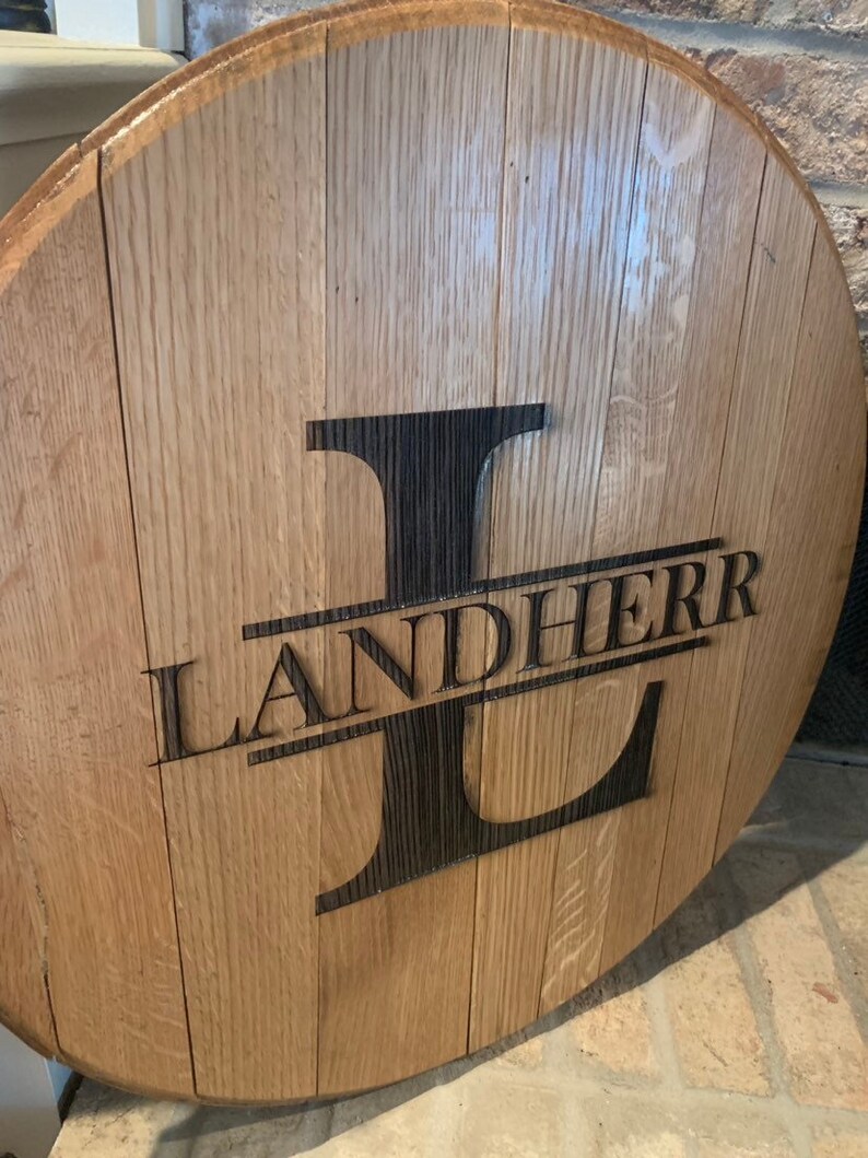 May include: A round wooden sign with a large, dark brown letter "L" in the center. The name "LANDHERR" is written in a smaller font above the letter.
